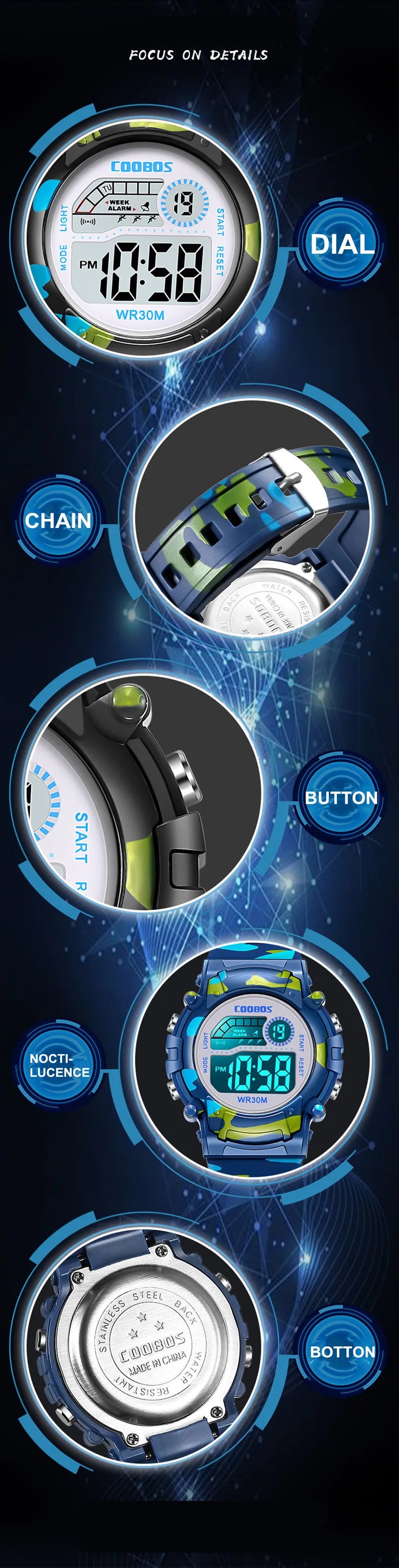 Sport Digital Watch for Kids Waterproof Luminous Children's Electronic LED Watch Fashion Multi-function Week Display Kids Watch