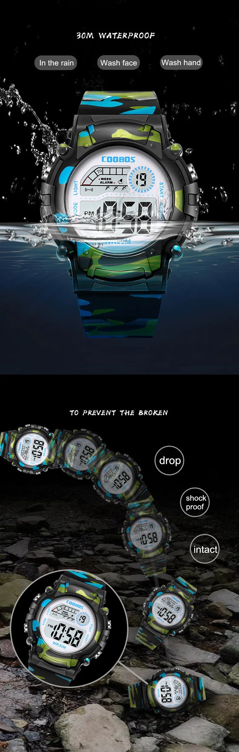 Sport Digital Watch for Kids Waterproof Luminous Children's Electronic LED Watch Fashion Multi-function Week Display Kids Watch
