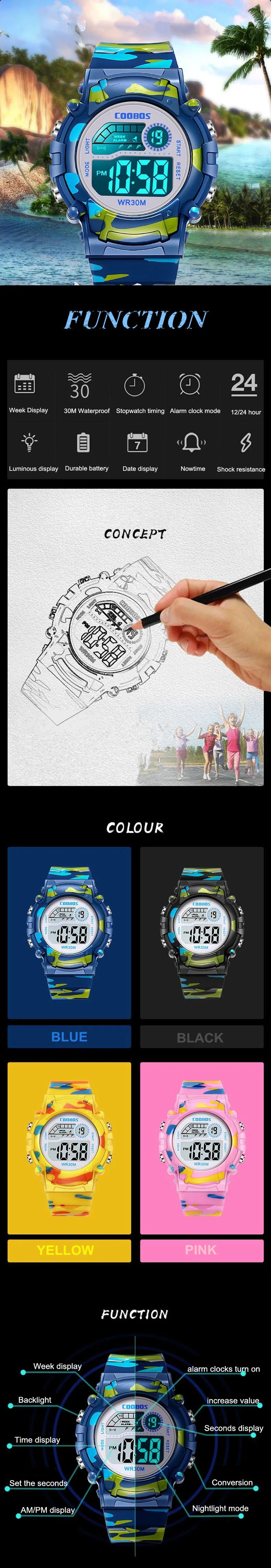 Sport Digital Watch for Kids Waterproof Luminous Children's Electronic LED Watch Fashion Multi-function Week Display Kids Watch